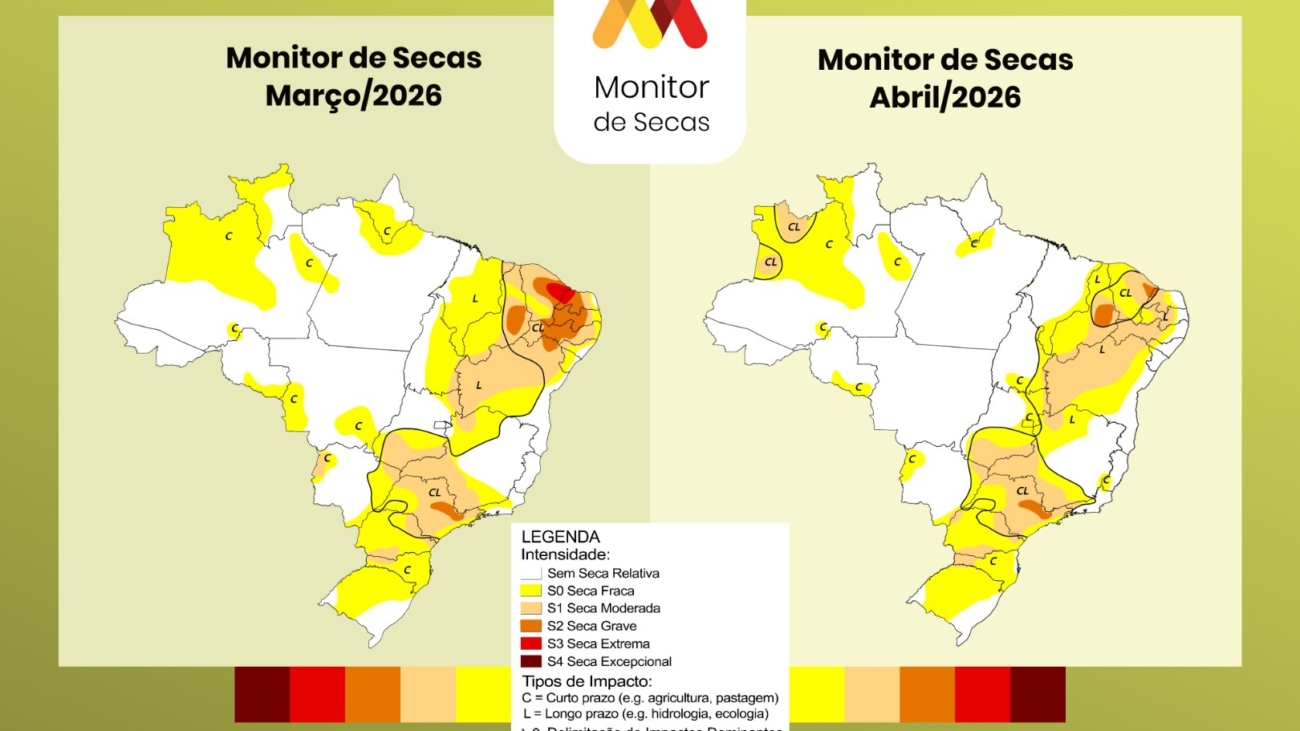 Mapa do Monitor de Secas em marco e abril de 2026. Fonte: ANA/Monitor de Secas.