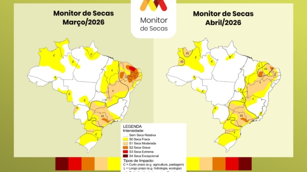 Mapa do Monitor de Secas em marco e abril de 2026. Fonte: ANA/Monitor de Secas.