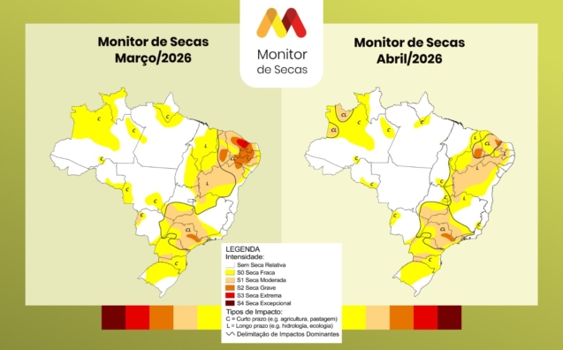 Mapa do Monitor de Secas em marco e abril de 2026. Fonte: ANA/Monitor de Secas.