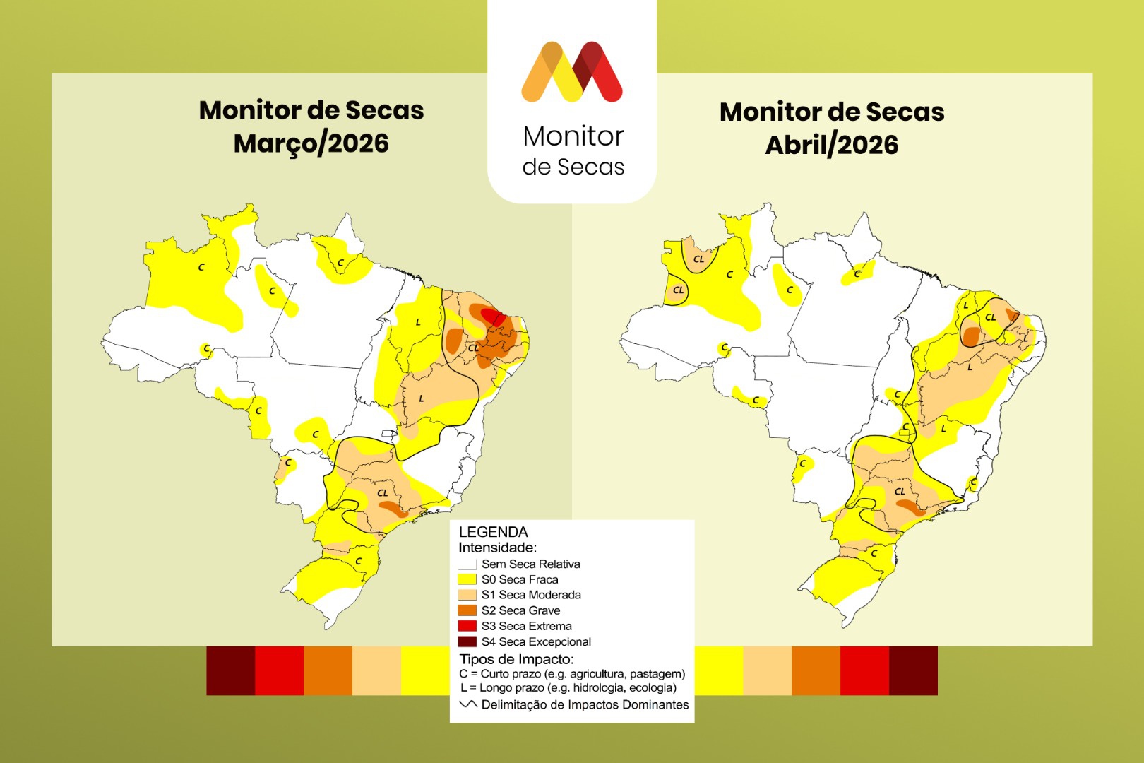 Mapa do Monitor de Secas comparando marco e abril de 2026 no Brasil